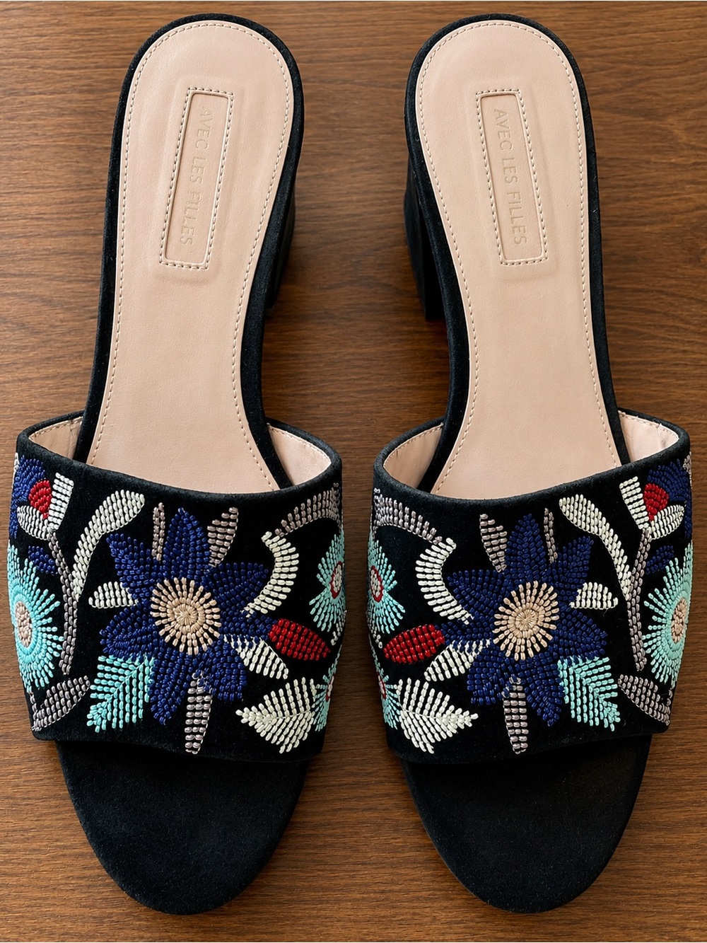 Avec Les Filles Black Beaded Floral Slide Mules